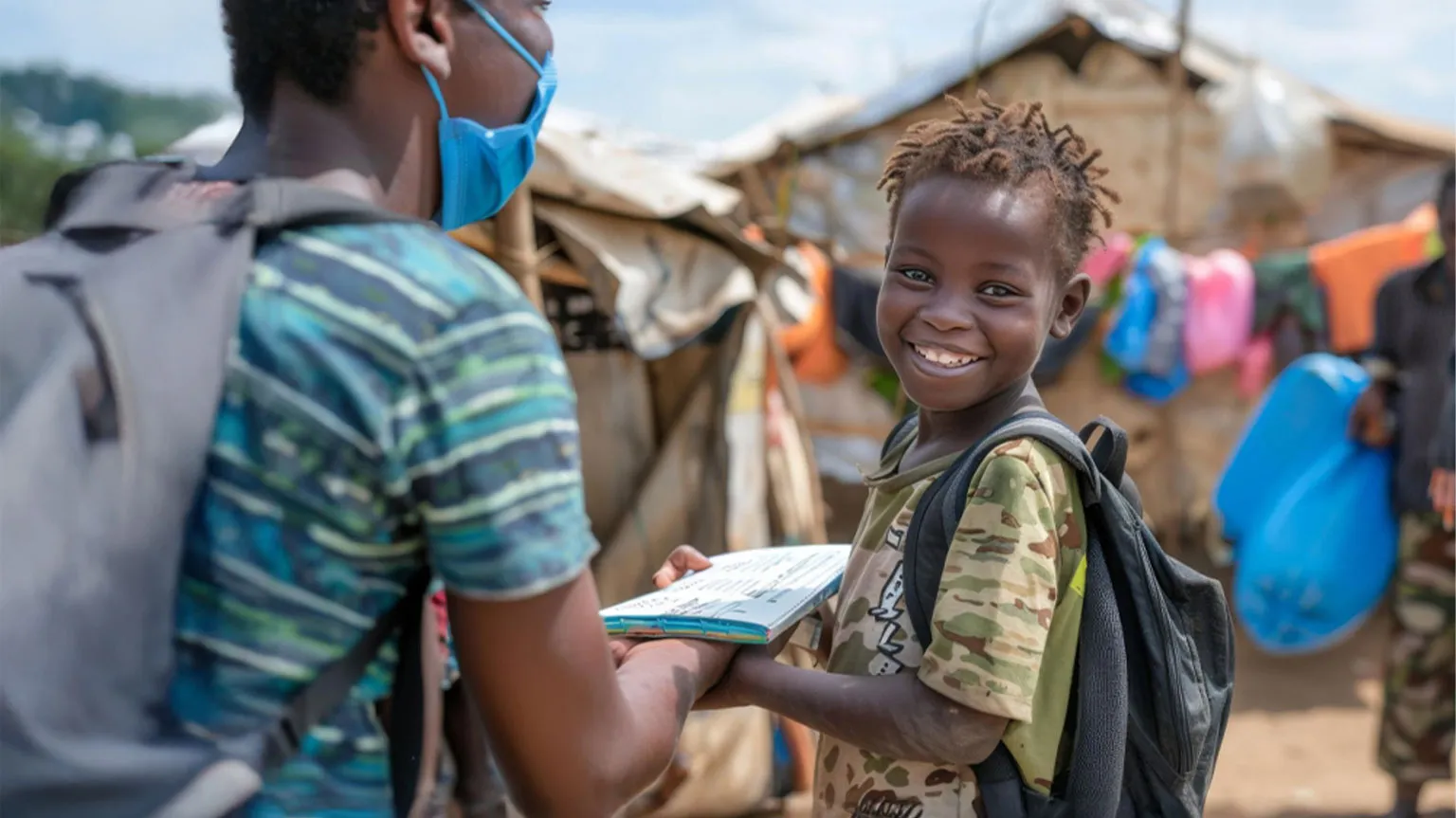 Smiling boy with a school bag receiving a book