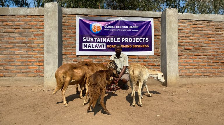 Humanitarian aid distribution scene with community beneficiaries