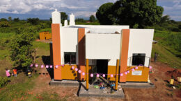 Aerial drone view of rural Uganda masjid and community area