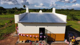 Aerial drone view of rural Uganda masjid and surrounding landscape