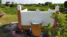 Aerial drone view of rural Uganda masjid construction site