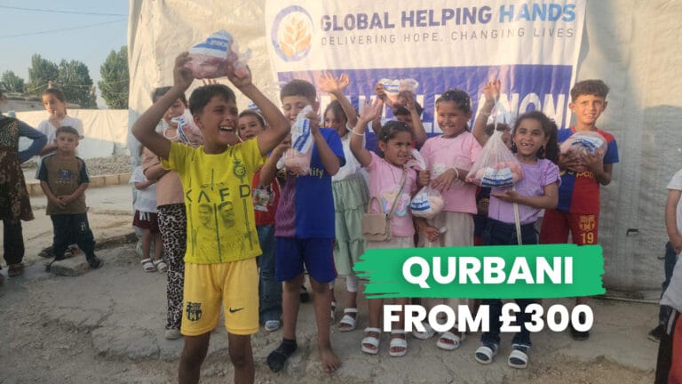 Families receiving Qurbani meat distribution in Lebanon during humanitarian aid program