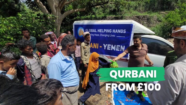 Yemeni families receiving Qurbani meat aid during humanitarian crisis relief