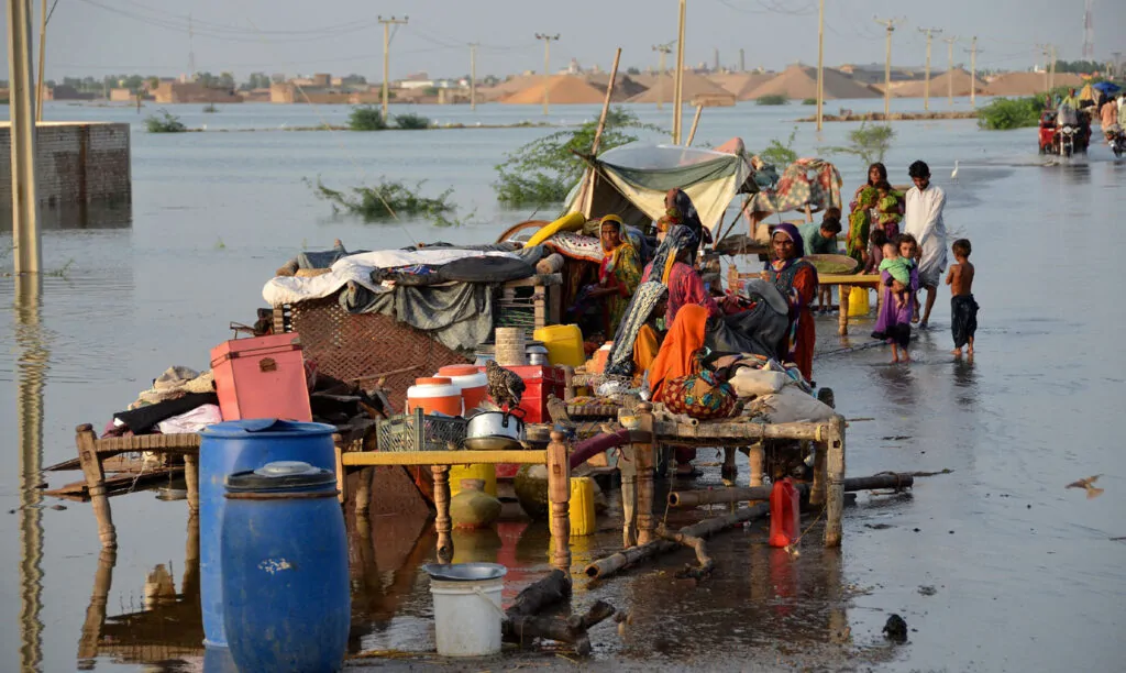Aerial view of Pakistan flood devastation showing displaced communities