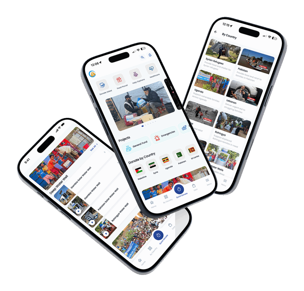 Global Helping Hands app shown on three phones