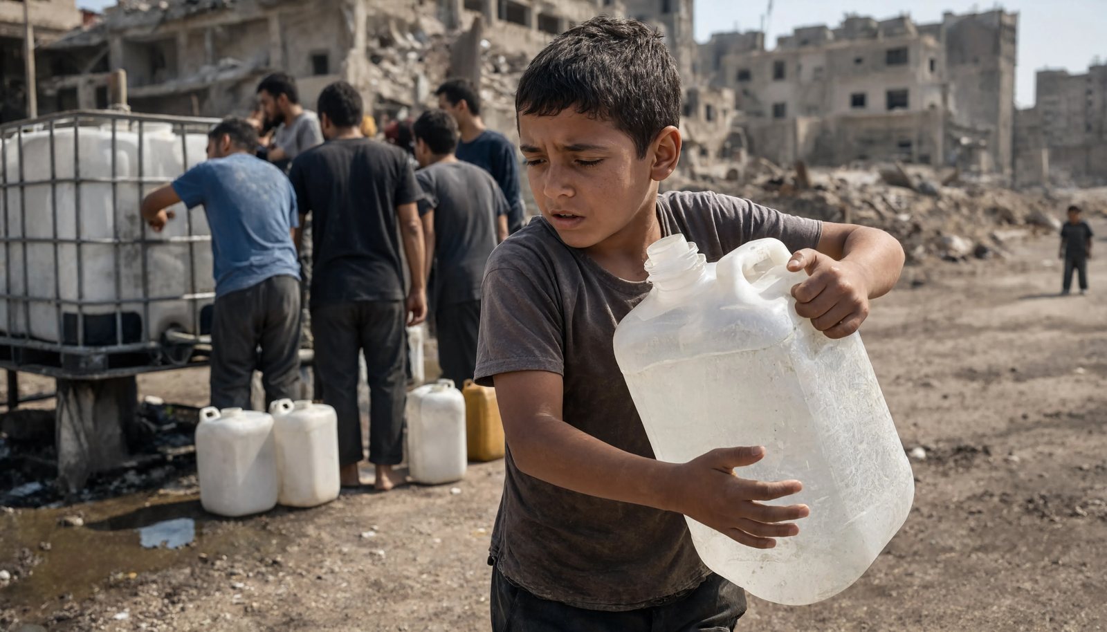 A boy carries a water container as families fill containers from a water tank
